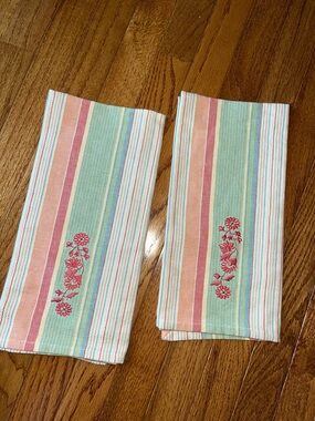 Cost Plus World Market Pastel Striped Kitchen Towels with Pink Floral Embroidery